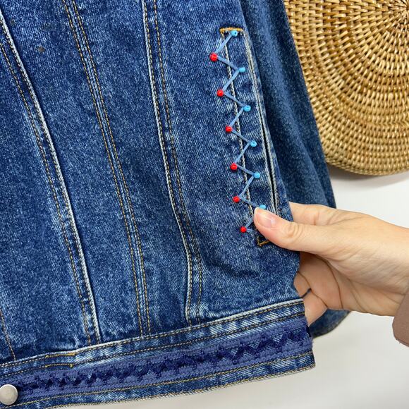 Vintage Y2K 2000s Together Blue Embroidered Beaded Denim Jean Jacket Medium - Picture 7 of 10